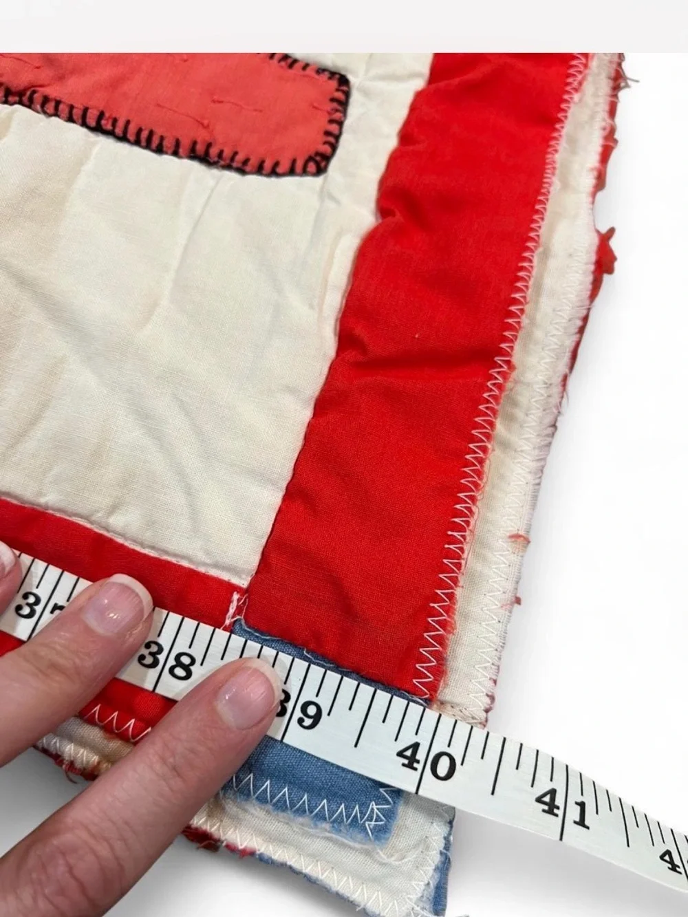 Vintage Handstitched Overall Sam Applique Baby Quilt - Red, Blue, Navy, Pink